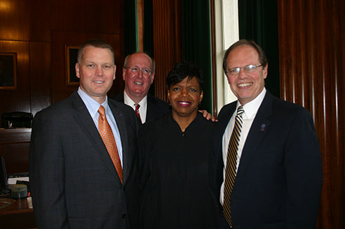 Associate Supreme Court Justice Cheri Beasley with PBA Representatves (L-R) NC PBA Division President Randy Byrd, PBA Attorney Mike McGuinness, Assoiciate Supreme Court Justice Cheri Beasley, and NC PBA Executive Director John Midgette